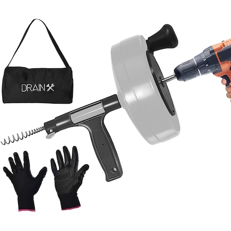 Drainx Heavy-Duty-Steel Pro Drum Drain Auger, 50Ft Manual or Drill Powered, Work Gloves and Storage Bag EHX1-1019-B